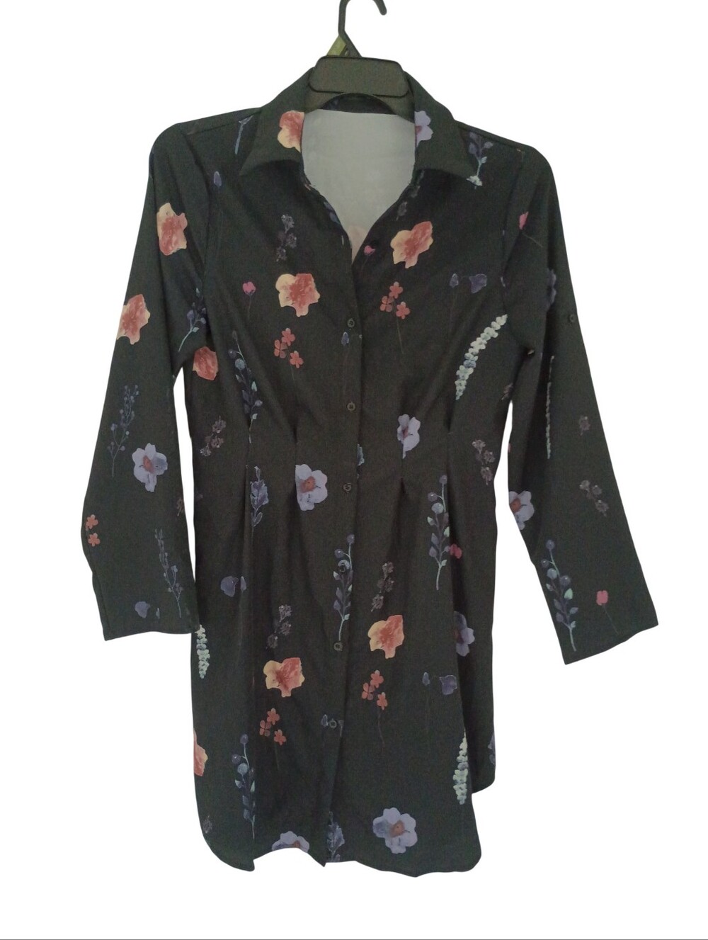 SHEIN Womens Medium Black Floral Button Down Long Sleeve Shirt Dress Tunic